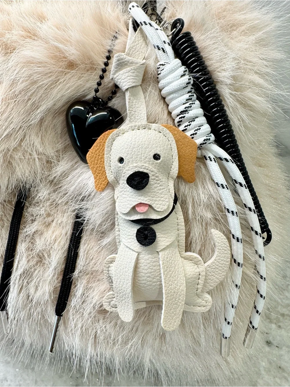 New Women’s Cream Color Soft Faux Fur Mini Backpack Purse w/ Dog Bag Charm